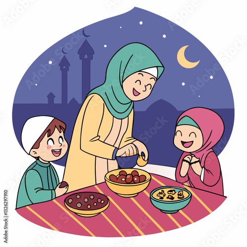 Drawing of people breaking their fast together in Ramadan
