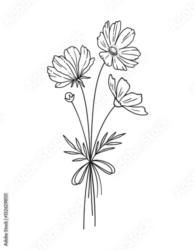 Wildflower line art bouquet, outline. Hand drawn flowers, meadow herbs, wild plants, and botanical elements for design projects. Vector illustration