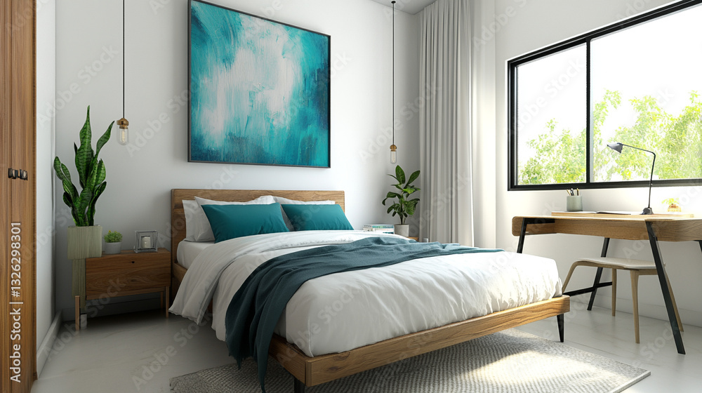 Fototapeta premium Modern bedroom interior in blue and beige tones.