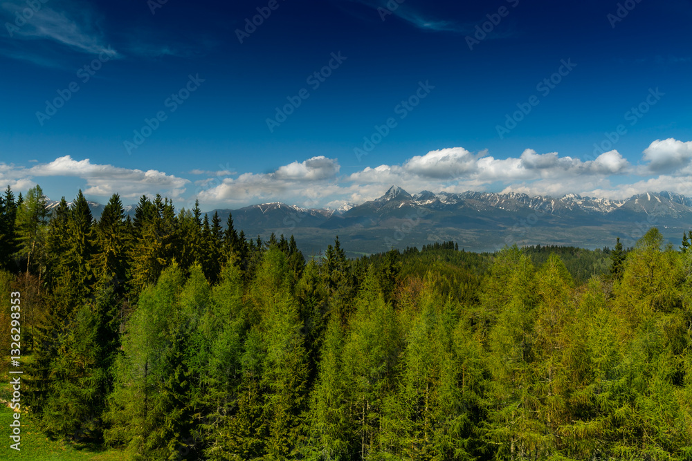 Fototapeta premium The most famous Slovak peak in the High Tatras - Krivan. A view of the Cierny Vah hydroelectric power plant. High Tatras scenery. Monumental peaks over water level.