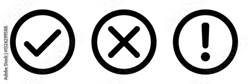 Vector set of flat round check mark, X mark exclamation point and question mark icon. Checkmark, exclamation round, cross and question mark icon.