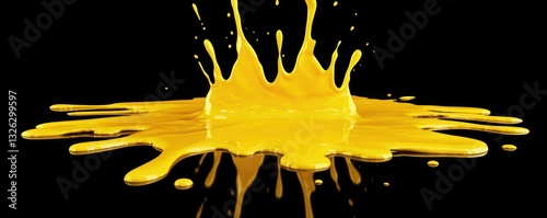 Bright yellow paint splash spreading outward on a glossy black backdrop