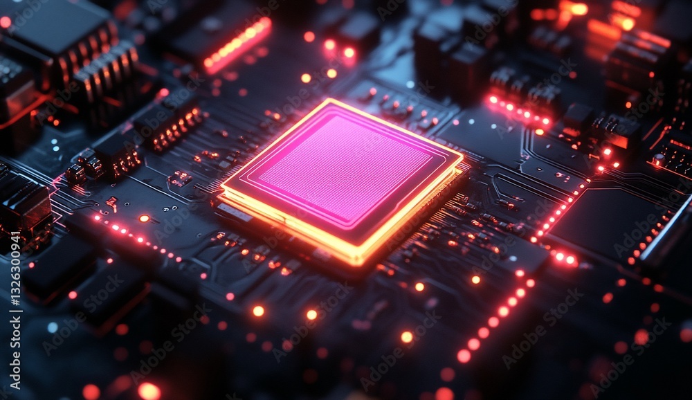Glowing chip on dark circuit board, for AI, tech, and computer illustrations Glowing chip on dark circuit board, for AI, tech, and computer illustrations