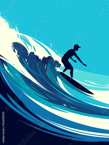 Surfer silhouette riding ocean waves with stylized design, deep blue and turquoise tones, surfing poster