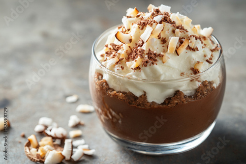 Coconut pudding with cocoa and coconut shavings photo