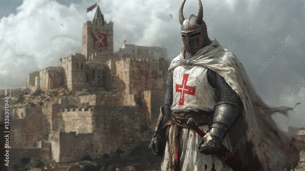 Naklejka premium A goat-headed crusader in a white tunic with a red cross, standing defiantly in front of an ancient stone fortress