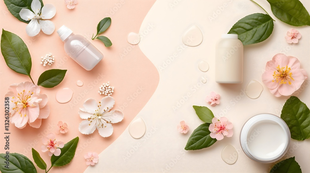 Cosmetic products with pink flowers and green leaves on peach and cream background. Natural beauty items with floral elements and water drops. Organic skincare. Spa treatments, Mother's Day gifts Cosmetic products with pink flowers and green leaves on peach and cream background. Natural beauty items with floral elements and water drops. Organic skincare. Spa treatments, Mother's Day gifts