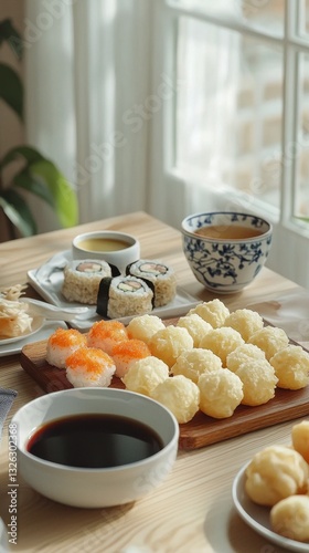 Wallpaper Mural Elegant table display featuring a variety of delicious foods including tempura highlighting crispy texture and aesthetic Torontodigital.ca