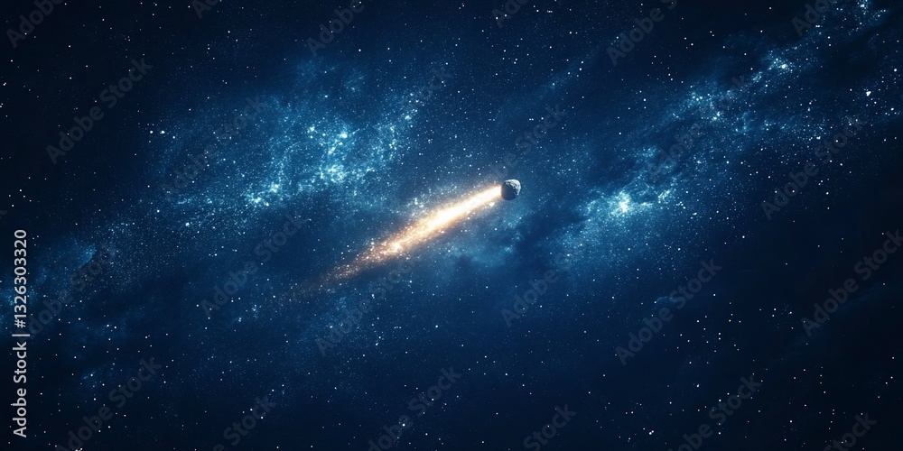 Fototapeta premium Shooting star flying in blue starry sky, cosmic event, galaxy in background