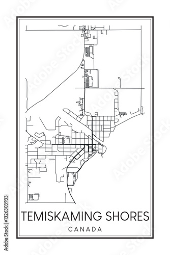 Hand drawn printable downtown road map poster of the Canadian city of TEMISKAMING SHORES on solid white background with city name