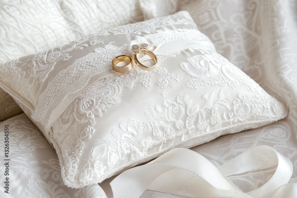 Elegant wedding rings on a lace-covered pillow, indoors Elegant wedding rings on a lace-covered pillow, indoors
