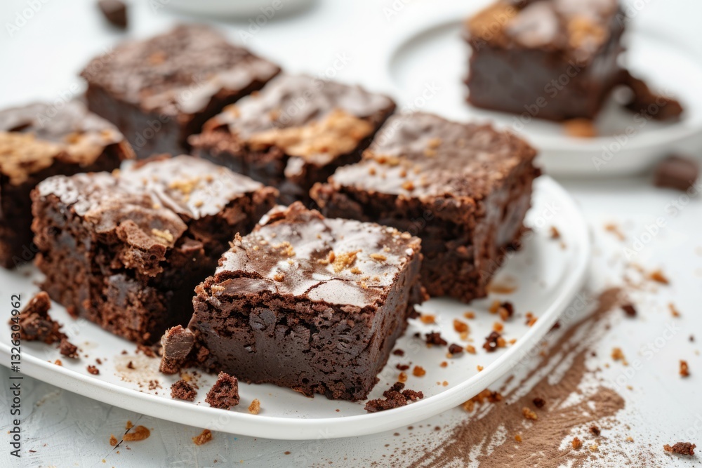Decadent chocolate brownies on white plate. Artificial intelligence image Decadent chocolate brownies on white plate. Artificial intelligence image