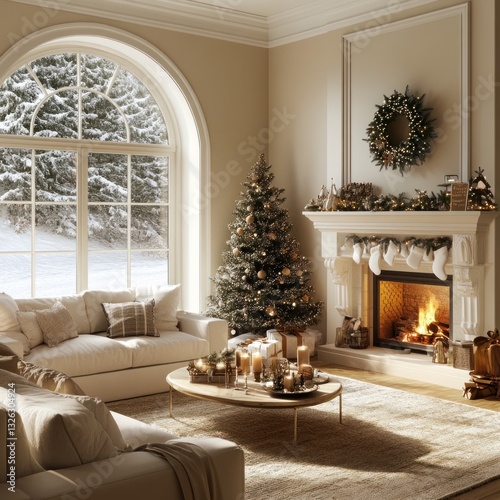 Cozy Christmas living room with fireplace, snow view, and decorated tree photo
