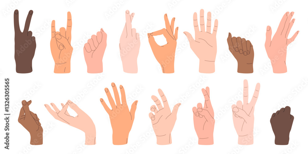 Human hands. Vector illustrations in flat style of different gestures. Cartoon hand-drawn design elements isolated on white background. Hands in various positions Human hands. Vector illustrations in flat style of different gestures. Cartoon hand-drawn design elements isolated on white background. Hands in various positions