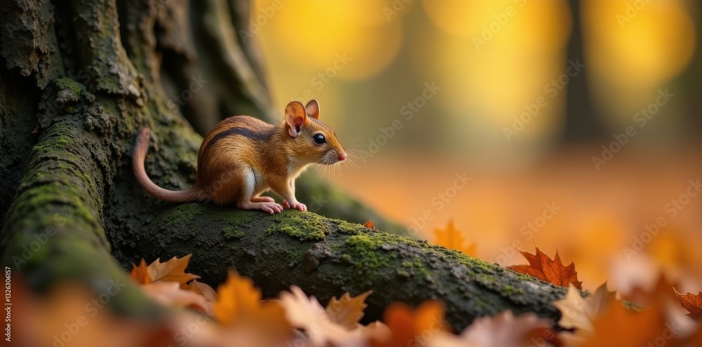 Tiny wood mouse perched on thick tree root, autumn leaves , leaf litter, nature Tiny wood mouse perched on thick tree root, autumn leaves , leaf litter, nature