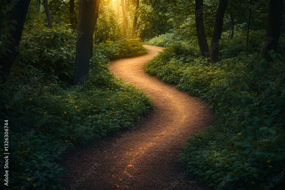Fototapeta premium Winding dirt path through lush green forest at sunset with soft golden light