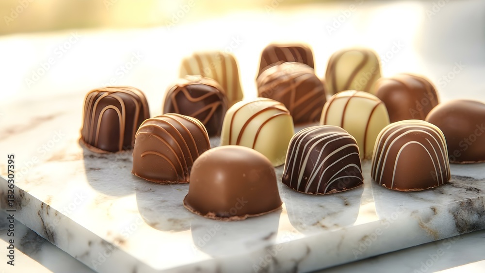 An assortment of elegant chocolate truffles in varying flavors and designs, arranged on a marble surface. Concept Elegant Chocolate Truffles, Assorted Flavors, Beautifully Designed, Marble Display An assortment of elegant chocolate truffles in varying flavors and designs, arranged on a marble surface. Concept Elegant Chocolate Truffles, Assorted Flavors, Beautifully Designed, Marble Display
