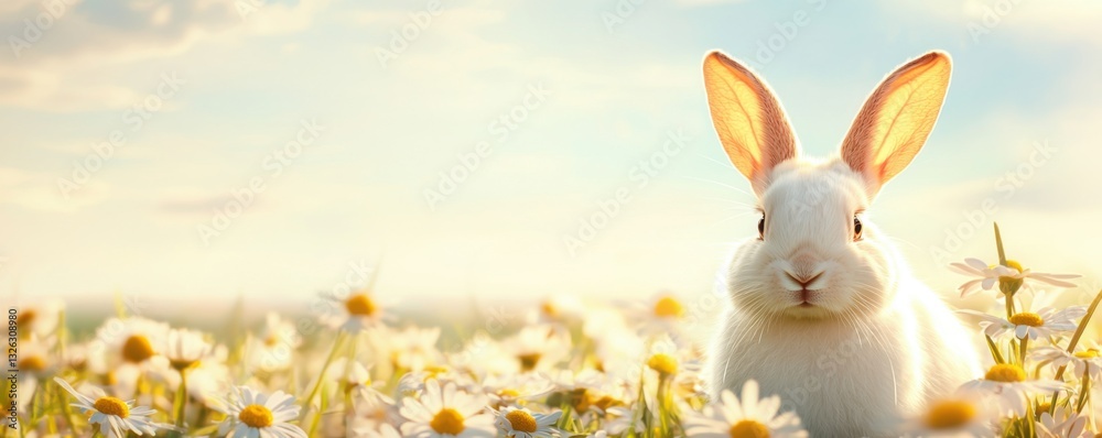 Obraz premium A serene white rabbit sits among blooming daisies, basking in soft sunlight, capturing a peaceful moment in nature.