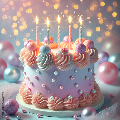 Elegant Birthday Cake with Candles and Pearlescent Decorations. A stunningly decorated birthday cake with soft pastel hues of pink, blue, and lavender. The cake is adorned with shimmering edible pearl