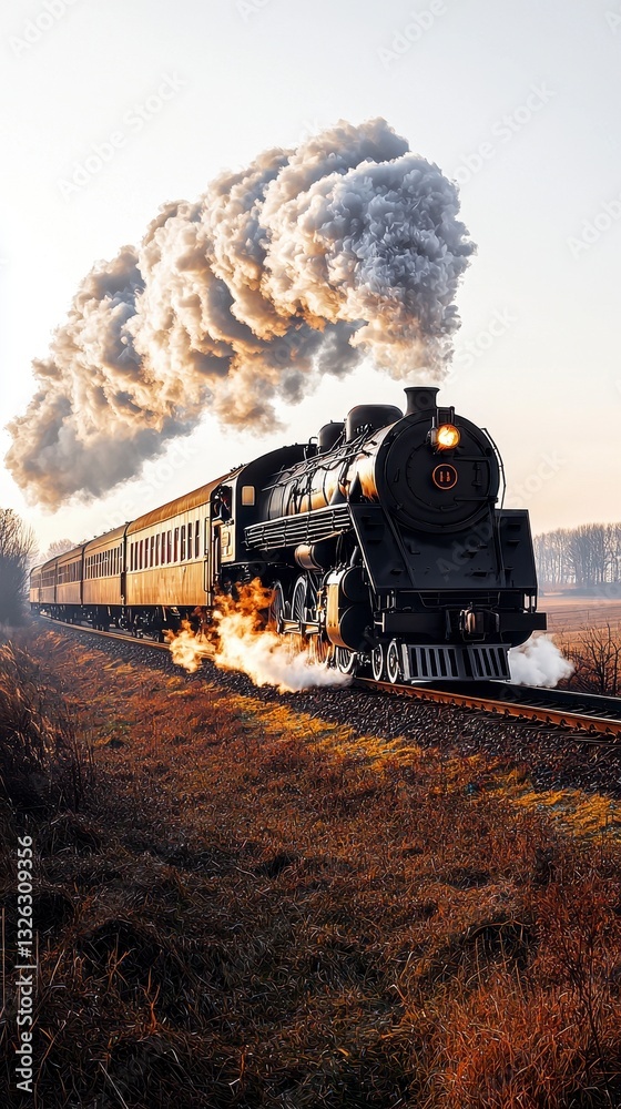 Obraz premium Majestic vintage steam train chugging along the rails with billowing smoke evoking a sense of nostalgia and adventure