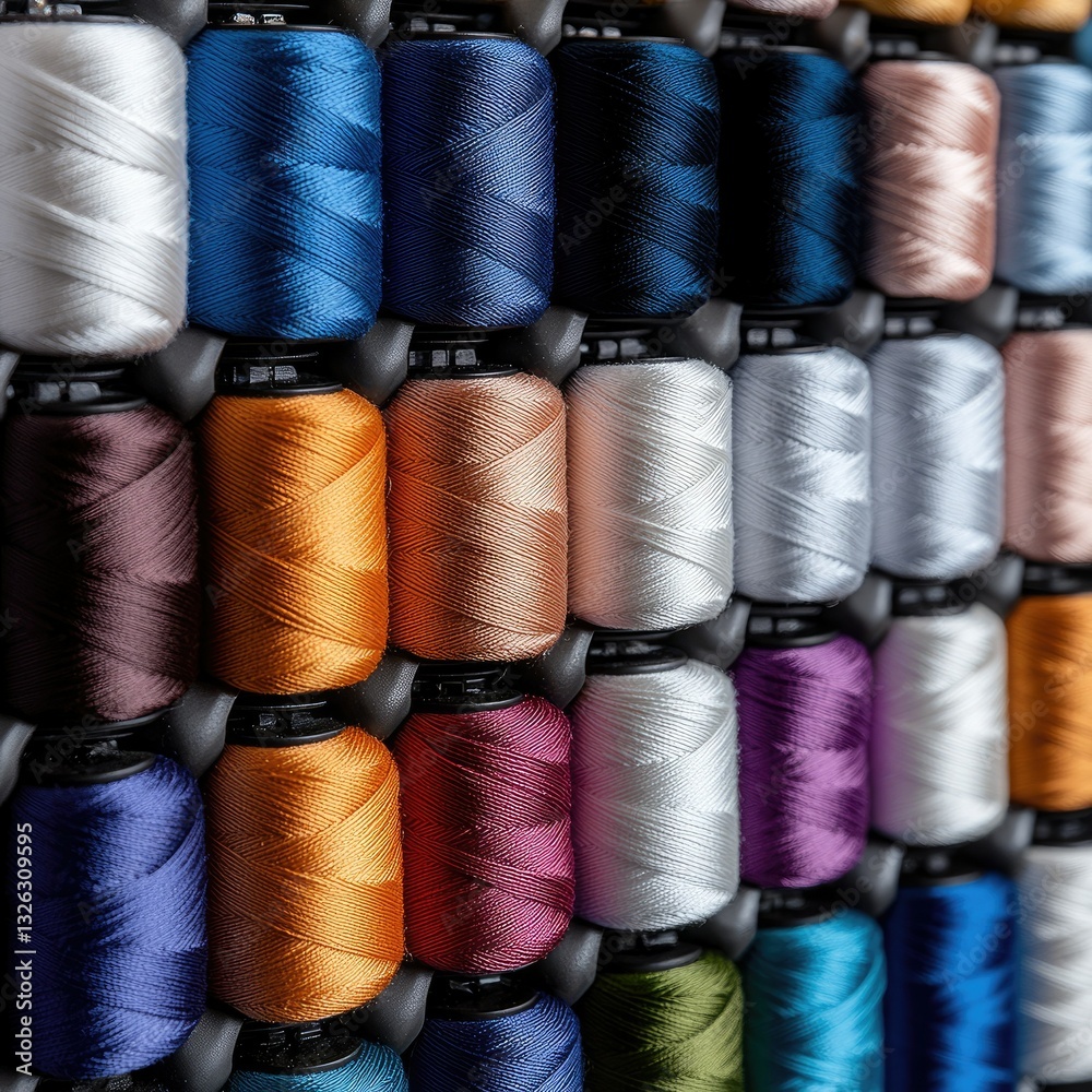 Colorful spools of thread arranged neatly on shelves in a craft room showcase a variety of shades for sewing and embroidery projects Colorful spools of thread arranged neatly on shelves in a craft room showcase a variety of shades for sewing and embroidery projects