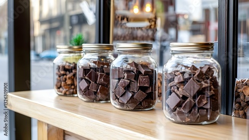 Four glass jars filled with different types of chocolate pieces displayed on a wooden shelf near a window. Concept Chocolate Jar Display, Varieties of Chocolate, Rustic Shelf Decor