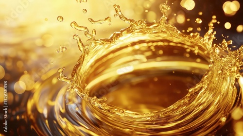 Golden oil splash in a dynamic circular motion sparkling vividly