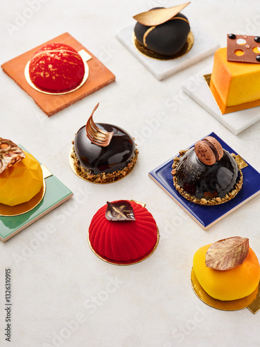 Delicate pastries in vibrant colors are artfully displayed on various plates. Each dessert features unique textures and seasonal ingredients, creating a visual feast that captures attention photo