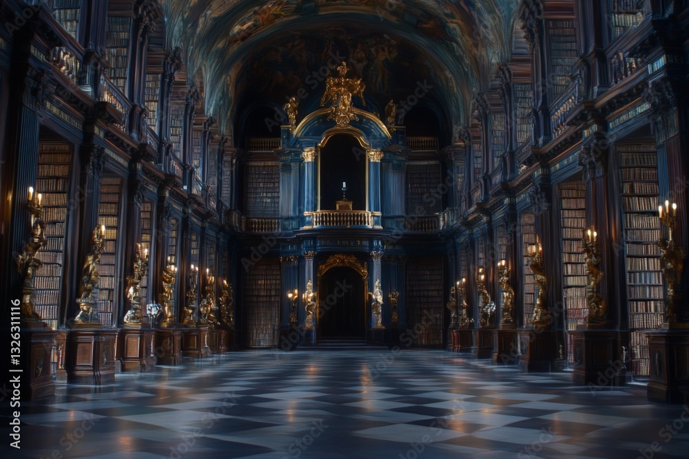 Obraz premium Impressive baroque library interior featuring ornate decorations and towering shelves of books in a majestic setting