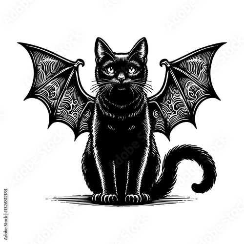 Black cat with bat wings engraving black and white outline. Scratch board imitation.  illustrated in vintage line art style on a white background.
