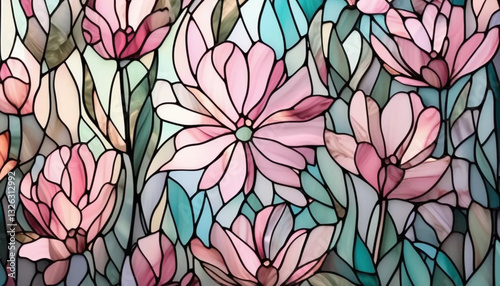Pink stained glass flowers as a background. 
