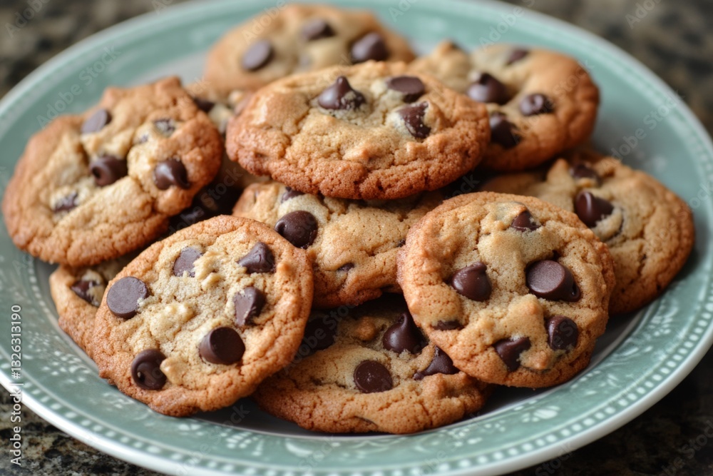 Freshly baked chocolate chip cookies piled high on a decorative plate in a cozy kitchen setting Freshly baked chocolate chip cookies piled high on a decorative plate in a cozy kitchen setting
