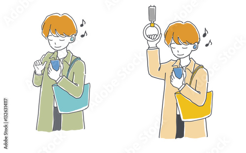ワイヤレスイヤホンで音楽を聴く通勤途中の男性のイラストセット