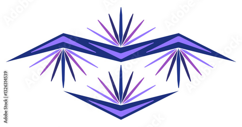 Unusual purple geometric design element. Vector decorative broken wave ornament of multirayed shapes. Creative abstract rhombus ornamental decor. Stylized ethnic plant design