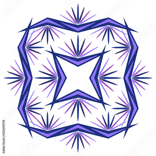Unusual purple geometric design element. Vector decorative broken zigzag ornament of multirayed shapes. Creative abstract square ornamental decor. Stylized ethnic plant design