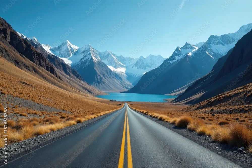 Asphalt Path to a Serene Glacial Lake Nestled Amidst Majestic Snow-Capped Peaks Asphalt Path to a Serene Glacial Lake Nestled Amidst Majestic Snow-Capped Peaks