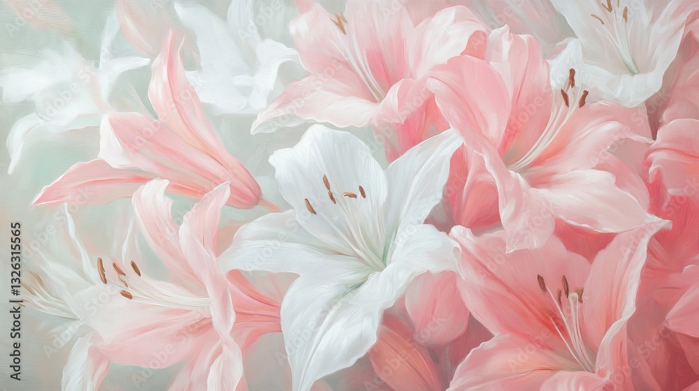 Soft pink and white lilies create a dreamy spring ambiance in a watercolor abstraction background Soft pink and white lilies create a dreamy spring ambiance in a watercolor abstraction background