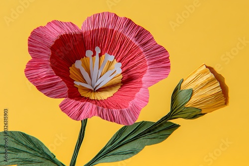 Vibrant crepe paper flowers bloom against a bright yellow backdrop, artful craft