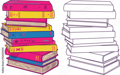 Vivid neon and outline book stacks vector illustrations - educational, library and reading concept for book lovers, learning and literary design