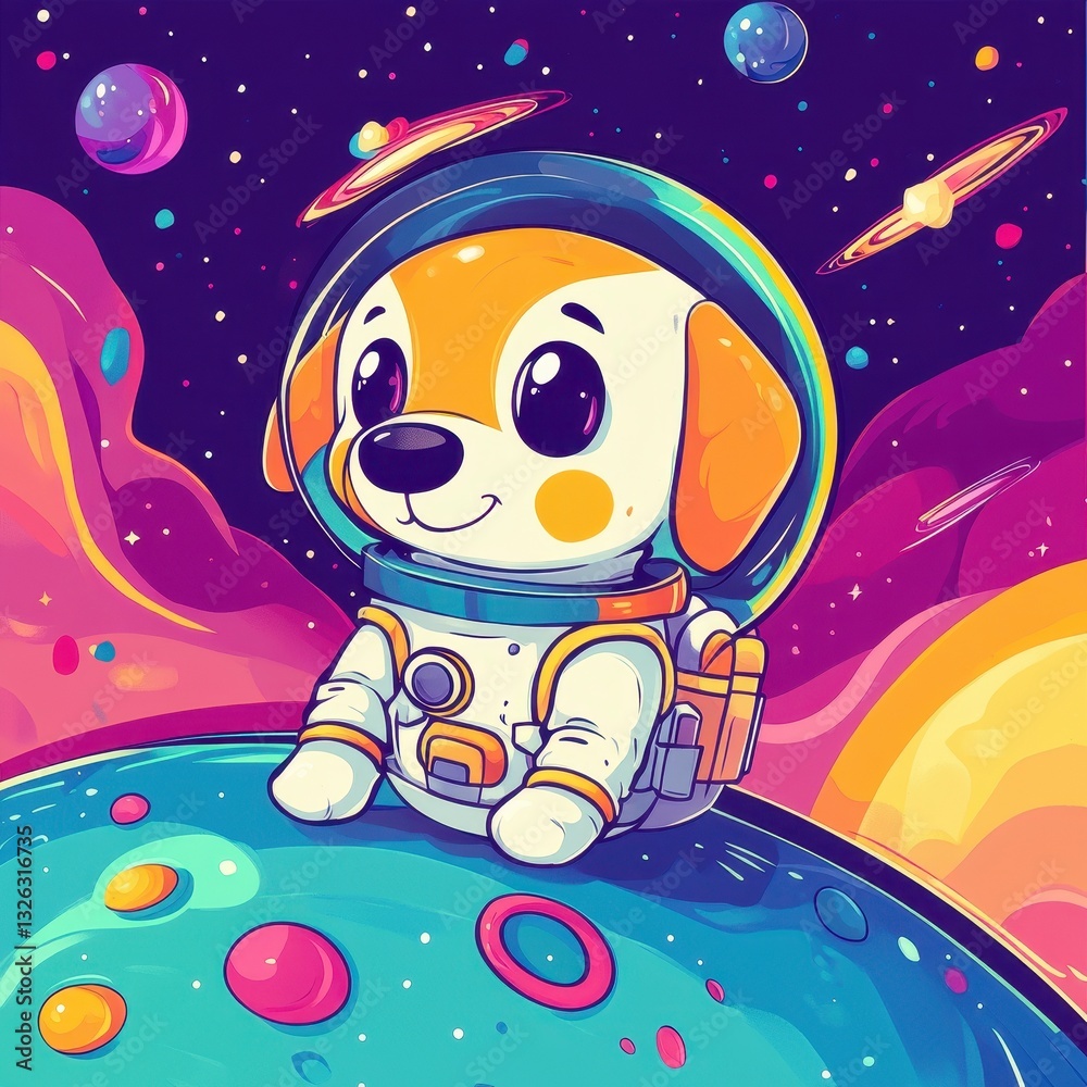 Fototapeta premium A cheerful canine astronaut happily explores a vibrant galaxy of stars