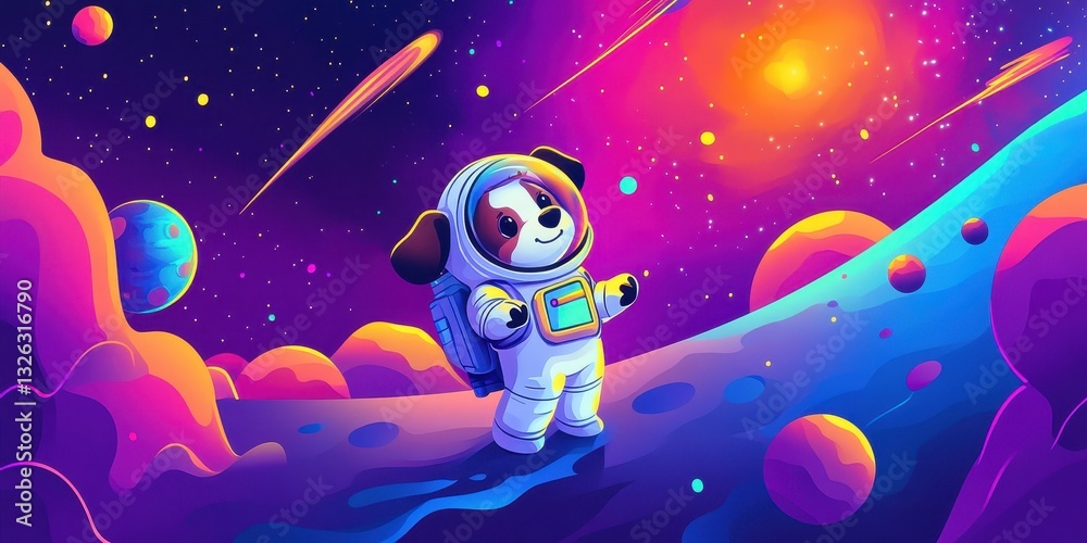 Naklejka premium An astronaut dog is exploring the colorful cosmic outer space
