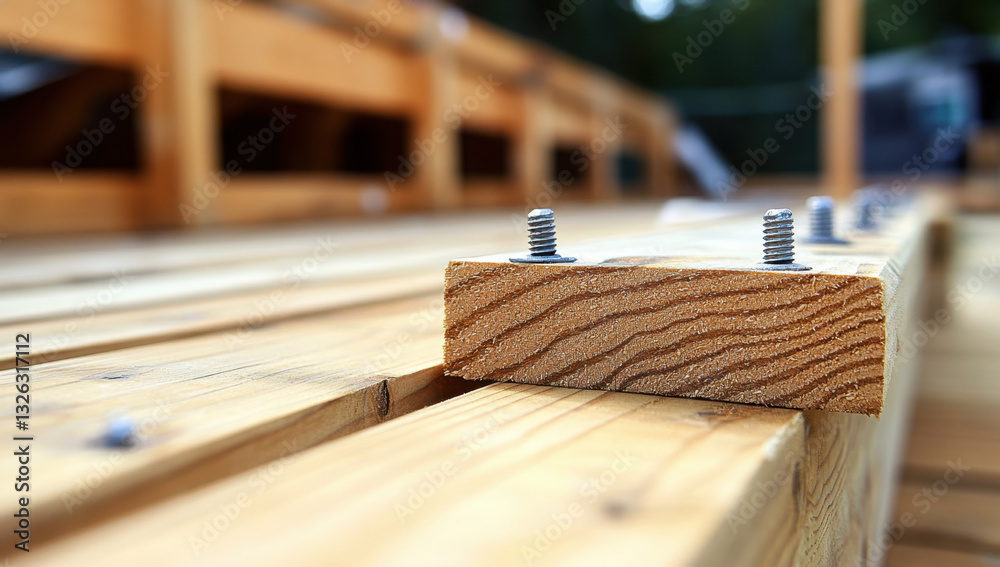 Metal bolts and nails are being inserted into wooden planks on a construction site, showcasing the details of the fastening process in the early stages of assembly Metal bolts and nails are being inserted into wooden planks on a construction site, showcasing the details of the fastening process in the early stages of assembly