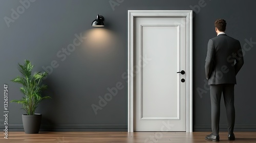 Business professional stands thoughtfully before a closed door in a modern office environment featuring neutral tones and minimalistic design