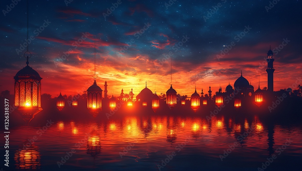 Obraz premium Ramadan lanterns light city skyline at dusk reflecting in river, for greeting