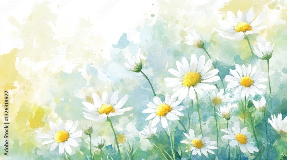 Obraz premium Spring watercolor painting of white daisies against a soft abstract background highlighting the essence of blooming flowers