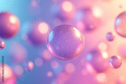 Floating spherical shapes are rendered with depth of field effects