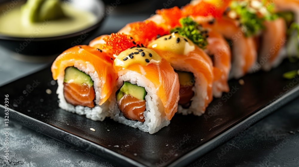 Sushi roll with salmon, avocado, and vegetables. Sushi roll with salmon, avocado, and vegetables.