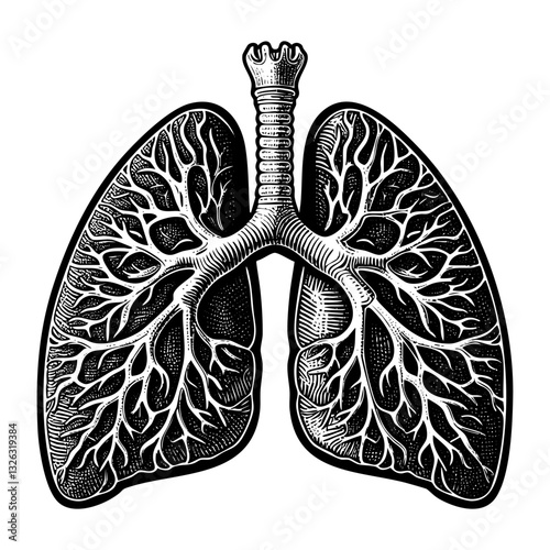 Lung anatomy sketch engraving black and white outline. Scratch board imitation.  illustrated in vintage line art style on a white background.