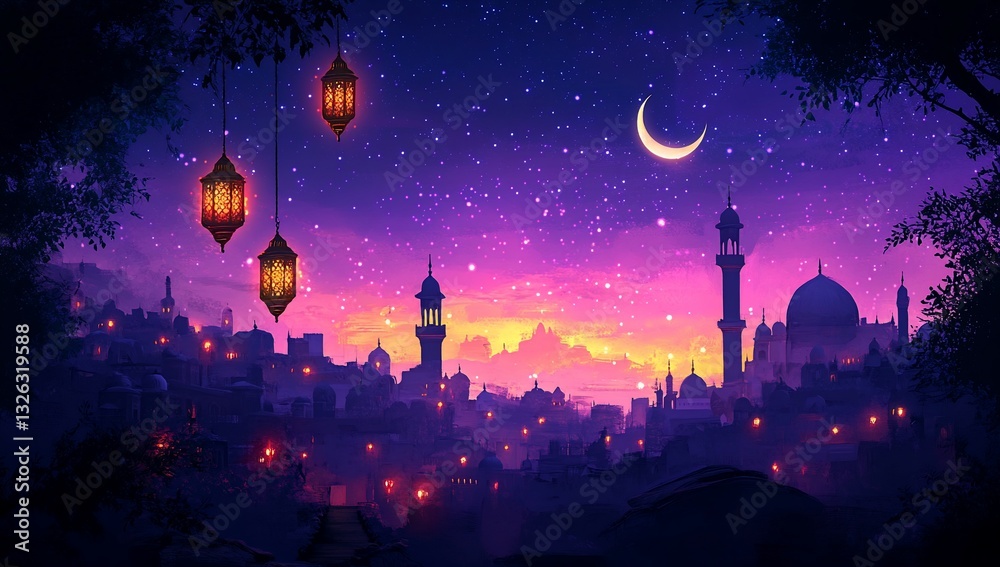 Fototapeta premium City skyline glows at dusk during Ramadan with lit lanterns and a crescent moon