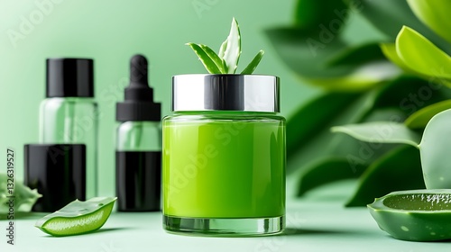 Wallpaper Mural Green Aloe Vera Cream & Essential Oils: Product Photography on Mint Background AI Generated Torontodigital.ca